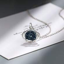 Colar feminino de prata esterlina 925 com planeta azul, pingente minimalista de cristal azul e ágata, gargantilha curta para uso diário, caixa de presente