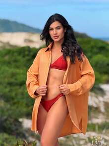 Plain Chemise Shirt Beach Cover-Up - Camel - Ver 3