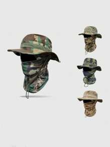 1pc Men's Spring/Summer Quick Dry Camouflage Wide Brim Bucket Hat Set, Casual Outdoor Cycling Hiking Camping Fishing Sun Protection Face Mask Drawstring Beanie Ski Masks