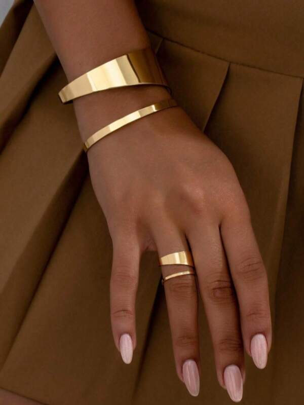 1set Minimalist Geometric Hollow Double-Layer Bangle Bracelet And Ring Jewelry Set, Holiday Gift For Women