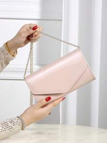 1pc Solid Color Pu Magnetic Closure Chain Clutch Bag For Daily Use, Date And Party - Pink - View 5