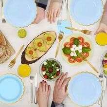 10/20/50 件，扇形蓝色纸盘、杯子和餐巾餐具套装，金箔边框派对装饰用品扇形纸一次性装饰盘餐巾和杯子用于甜点开胃菜派对礼品