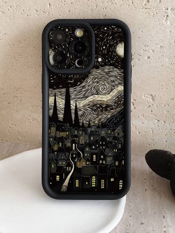 1pc Starry Night Town Design Camera Protection Shock Proof Thick Black Phone Case Compatible With Apple 11 Pro Max/12 Pro Max/13 Pro Max/14 Pro Max/15 Pro Max/16 Plus/16 Pro Max, 16E, Galaxy A55/A15/S24 Ultra/S25 Ultra, Redmi, OPPO/Realme, VIVO, Infinix, Honor, MOTO, One Plus Waterproof Anti-Fall Scratch Resistant