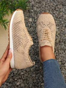 秋冬女士编织透气休闲运动鞋，波西米亚系带休闲一脚蹬鞋，春夏女士运动鞋