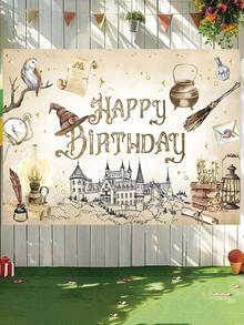 1PC Magical Birthday Wizard Background Witch Magic Castle Vintage Book Owl Birthday Background Cloth Suitable For Photography Background Of Cake Table Decoration, Suitable For Home Indoor And Outdoor Birthday Party Decoration, Suitable For Celebration And Photography Suitable For Birthday, Etc. - Multicolor - View 1