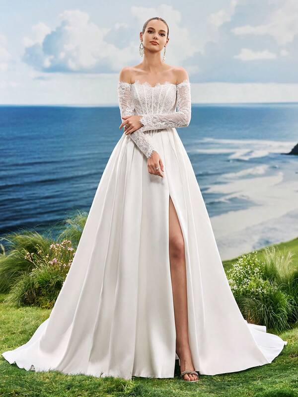 Vestido de noiva branco luxuoso, romântico, elegante etéreo, de renda, vestido de noiva real, vestido de noiva íntimo, vestido de noiva para igreja, vestido de noiva com cauda, vestido de noiva para praia, vestido de noiva para jardim, vestido de noiva para hotel