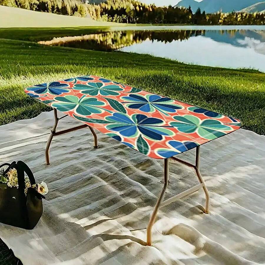 1pc Tablecloth Suitable For Indoor/Outdoor Use, Elastic Edge Design, Lightweight And Washable, New Arrival Fresh Green Plaid Clover Print Tablecloth Cover, Great For Family Gathering, Outdoor Decor, Holiday Party - Multicolor - View 1