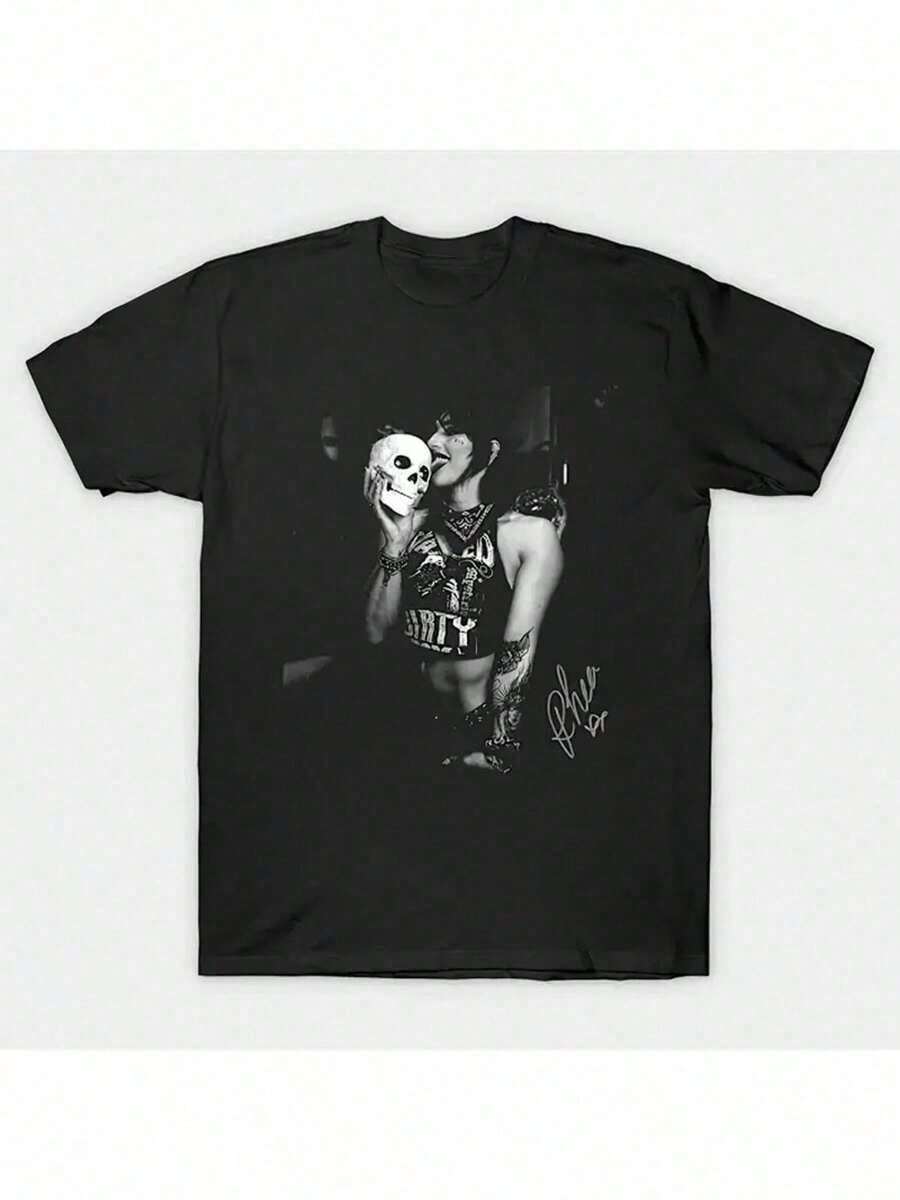 Camiseta con estampado de calavera de Rhea Ripley, 1 pieza, 100% algodón, camiseta casual de temporada para hombre, cuello redondo, camiseta de manga corta de algodón puro, para deportes al aire libre, ¡regalo de vacaciones! Camisetas estampadas de moda Camiseta de cuello redondo de una sola cara de manga corta - Negro - Ver 1