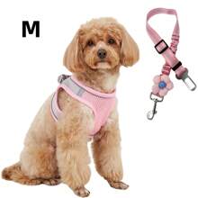 Pet Harness And Leash Set, Soft Mesh Vest Harness With Adjustable Elastic Leash For Car, Small Dogs And Cats, Compatible With Car Seat Belts, With Reflective Stripes