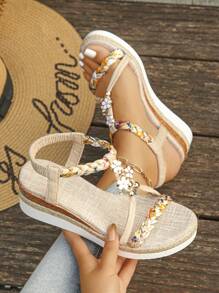 1 par de sandalias planas con cuña de suela gruesa y estilo vintage tejido con 3 flores para adolescentes