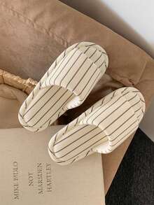 XIXITIAO 复古撞色条纹拖鞋，室内休闲柔软平底情侣拖鞋，透气四季家居鞋，经典撞色平底拖鞋，女士款 - 白棕色條紋 - 查看 8