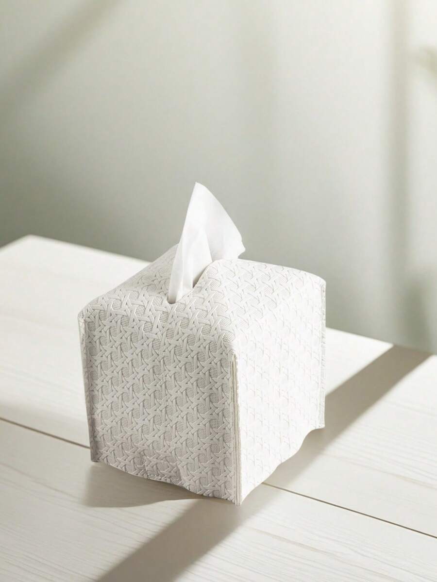 1pc/2pcs/5pcs White Woven Rattan Textured Creative Cone Shaped Tissue Box, PU Leather Upright Square Tissue Paper Storage Bag, Suitable For Bedroom, Living Room, Bathroom, Restaurant, Hotel Lobby, Office Desk, 13*13*13cm - White - View 1