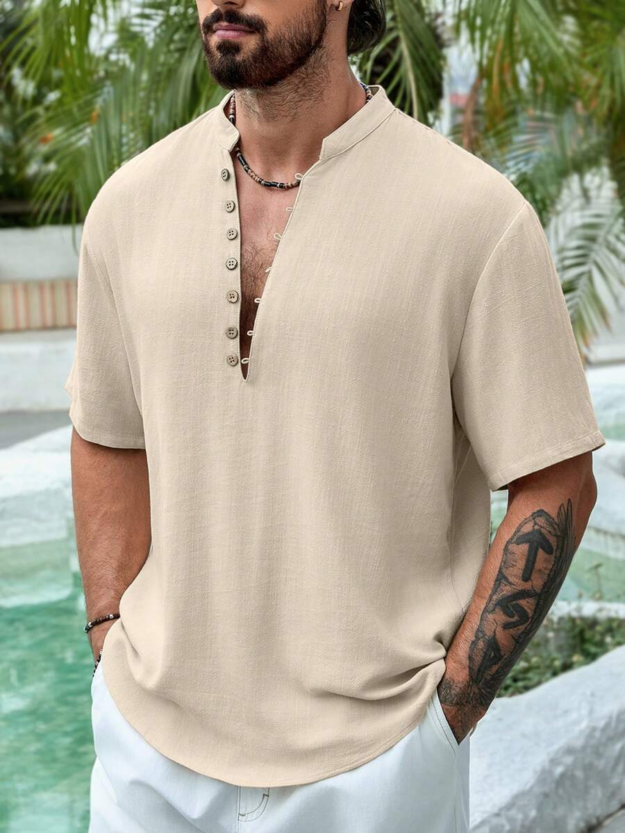 大码男士纯色中式领半襟纽扣短袖衬衫,休闲简约风格 - 卡其色 - 查看 1