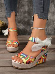European Women's Wedge Platform Sandals With Ribbon Wrap, New 2024 Spring/Summer Outdoor Versatile Strap Buckle Lace-Up Sandals, Model/Stage Sexy Floral Color-Blocking Beach Casual Open Toe Comfortable Slides