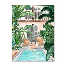 1 pièce Œuvre d'art murale d'été moderne pour fête de piscine. Impression tropicale de plante, image de voyage, fille de spa. Peinture sur canevas. Poster de décoration de salle de séjour, cadeau, décoration. canevas optionnelle avec cadre