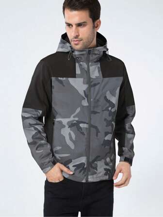 Men's Hooded Windbreaker Zipper Jacket, Military Green, Outdoor Hiking, Spring/Autumn