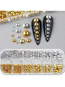 12 Grid/Box Mixed Gold And Silver Semi-Circular Pearl Flat Bottom Pearl,Nail Accessories,DIY Nail Accessories,Nail Art,For Boys And Girls,Punk Style