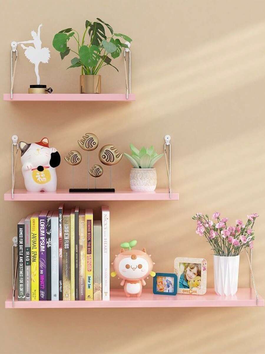 1 件浮动壁架，乡村风格木质卧室壁架，农舍浴室搁架，储物悬挂架，壁挂式置物架，悬挂式植物架 - 粉色 - 查看 1