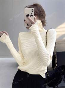 Women's Elegant High Neck Embroidery Texture Special Design Sweater, Apricot, Fitted Long Sleeve Knitted Top, Suitable For Commuting In Autumn/Winter
