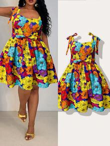 Women's Plus Size Easter Dress Spring Colorful Floral Tie-Up Puff Dress - Color - View 3