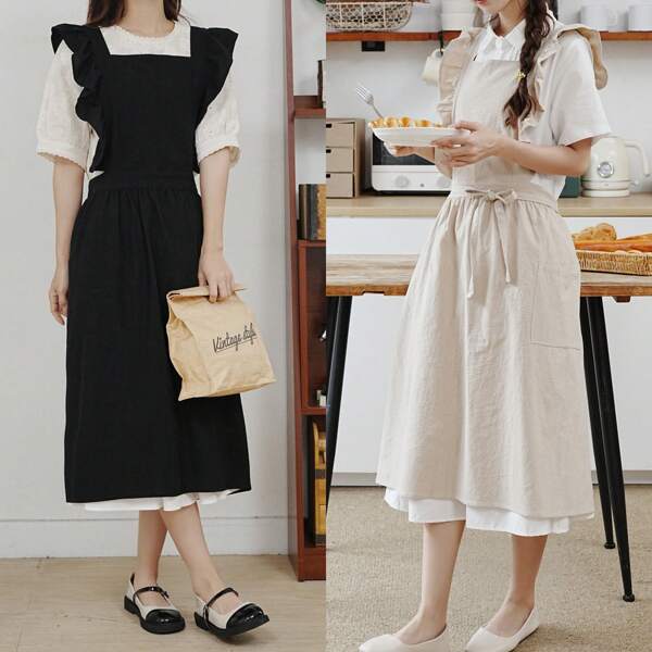 1 PC Tablier uni, style vintage grande taille pour femme avec volants, 2 poches, laçage réglable, cache-poussière, convient pour le nettoyage à la maison, la cuisine, la cuisson, les activités extérieures, les restaurants, les cafés, les fleuristes, les ateliers d'art, les salons de beauté et autres lieux de travail