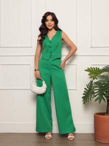 Women's Tailored Set Simple Elegant Button Pocket Zipper Office - màu xanh lá - Xem 1