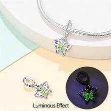 1 pièce Pendentif en argent sterling 925 avec pierre scintillante lumineuse et colorée en forme de papillon, fleur, oiseau, libellule, luciole brillant dans le noir. Convient pour la fabrication de bracelet et bijou pour femme.