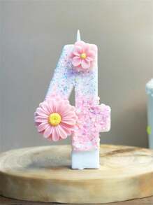 1 Pc Shiny Pink Number Candle With Floral Accents - Sparkling Birthday Cake Decoration For Party And Celebration, Long-Lasting Wax, Indoor Use, Suitable For Festive Gatherings And Birthdays