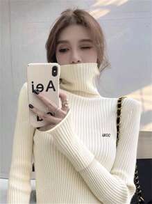 Women's Elegant High Neck Embroidery Texture Special Design Sweater, Apricot, Fitted Long Sleeve Knitted Top, Suitable For Commuting In Autumn/Winter