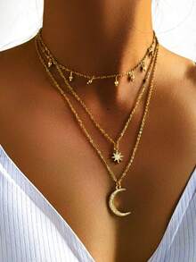 1pc Elegant & Charming Women's Jewelry Necklace With Rhinestone & Faux Zirconia Moon & Star Pendant, Fashion Women's Necklace, Suitable For Summer, Beach, Vacation, Party, Photo Shooting, Playa - Yellow Gold - View 1
