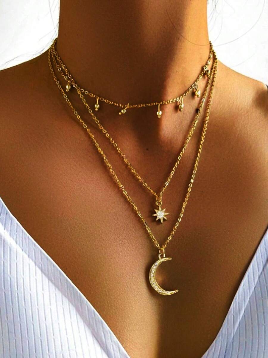 1pc Elegant & Charming Women's Jewelry Necklace With Rhinestone & Faux Zirconia Moon & Star Pendant, Fashion Women's Necklace, Suitable For Summer, Beach, Vacation, Party, Photo Shooting, Playa - Yellow Gold - View 1