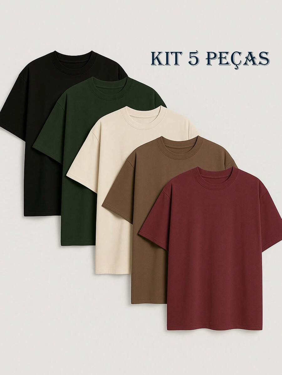Kit Of 5 Men's Oversized T-Shirts, Plain, Cotton Fabric, High Neck, Many Colors