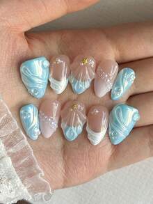 MXYIYANR 10 件蓝色手工按压指甲，短杏仁，3D 贝壳设计，蓝色极光，仿珍珠白，适合女孩日常生活，海边假日装饰，带果冻胶和指甲锉指甲用品 - 藍色 - 查看 5