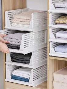 1 pieza Cesta de almacenamiento apilable de plástico, apta para armario, armario, caja de almacenamiento de ropa plegable para gabinete, cocina, baño, dormitorio, oficina, ropa de temporada, juguetes, almohadas, mantas, bolsas