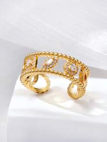 18k镀金镂空几何水钻微镶锆石铜戒指，可调节尺寸，奢华宽版，优雅女士礼物 - 金戒指 - 查看 14