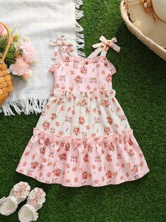 女婴无袖碎花荷叶边多层甜美蛋糕连衣裙