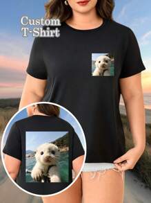 Custom Plus Size Women's T-Shirts - Add Your Photos (Landscapes/Badges/Couple Photos/Family Photos/Selfies/Pets, Etc.), Design Your Own Personalized Printed T-Shirts