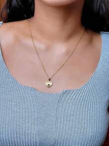 1pc New Striped Heart Pendant With Adjustable Stainless Steel Chain Necklace, Fashionable & Versatile For Women