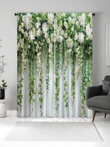 2 piezas de cortinas con diseño de hojas verdes y flores blancas elegante, de tela vaporosa, lavables a máquina, aptas para sala de estar, dormitorio, oficina y decoración del hogar (barra no incluida)