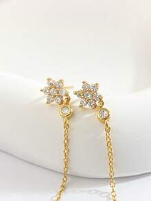 Newsoul 1 Pair Luxury 925 Sterling Silver Long Chain Cubic Zirconia Teardrop Earrings, Elegant Jewelry Gift For Women, Anniversary Present - Gold - View 2