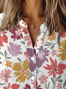 Women's Fashionable Casual Bohemian Flower Print Slim Short Sleeve Shirt - Multicolor - View 2