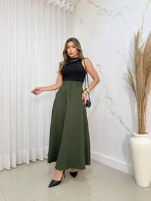 Women's Long Round Skirt Tailoring Evangelical Fashion Casual Basic Winter High Waist Elegant - 軍綠色 - 查看 3