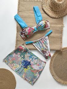3pcs/Set Women Paisley Print Bikini Set, Sexy Triangle Bikini & Cover Up Dress, Suitable For Beach Holiday - Multicolor - View 6