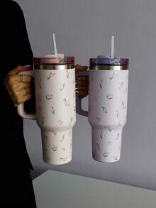 1 件 40 盎司-14 盎司大容量郁金香蝴蝶结隔热杯带手柄，不锈钢真空隔热旅行杯，适用于汽车、学校、办公室、户外、健身房、家居、女性和青少年礼物、节日和生日（带吸管） - 彩色 - 查看 4