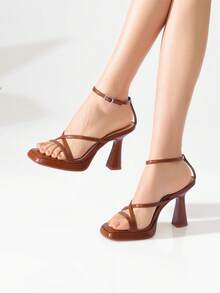 Elegant Platform High Heel Sandals For Women Summer Square Toe Chunky Heel,  Fashion Ankle Strap Brown Heels Soft Leather Comfortable Versatile High Heels, Increase Height & Leg Length, Solid Color Casual Comfortable Women Shoes For Party Wedding Date - 棕色 - 查看 6