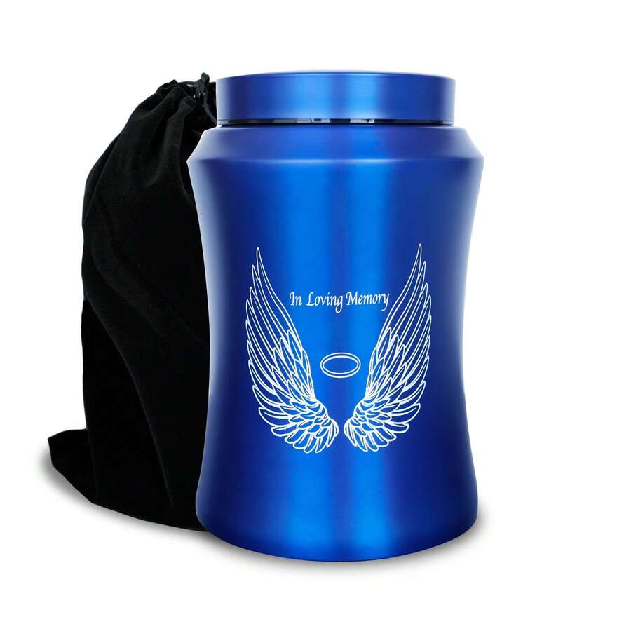Large Cremation Urns For Adult Human Ashes, Angel Wings In Loving Memory Decorative Funeral Burial Urn For Male Female Ashes With Velvet Bag - Navy Blue - View 1