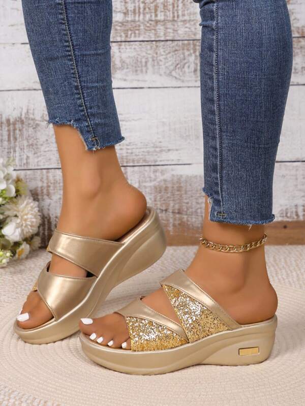 Women Sequin Peep Toe Platform Slide Sandals, Fashion Summer Solid Color Leather Upper Wedge Heel Slippers (Size Runs Small)