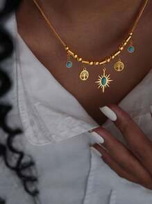 Colar com pingente de árvore da vida, girassol, estrela e lua em estilo boêmio vintage com pulseira de contas turquesa para mulheres