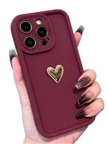 奢华TPU心形图案1件装奢华3D金色心形软壳手机壳，兼容 17/17 Air/17 Pro/17 Pro Max/16/16 Pro Max/16 Pro/16 Plus/XR/15/14 Pro Max/12/13 Pro/11，柔软TPU糖果壳，防震防摔，全方位保护，生日礼物，周年纪念礼物，国际版，非国内版 - 酒紅色 - 查看 5