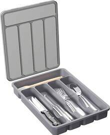 Caja de Organizador de Cuberteros Con Tapa, Bandeja Utensilios de Plástico para Cajon Cocina Encimera, Caso de almacenamiento para Cuchillo/Cuchara/Tenedor/Vajilla, 5 compartimentos, Turquesa - Gris - Ver 1